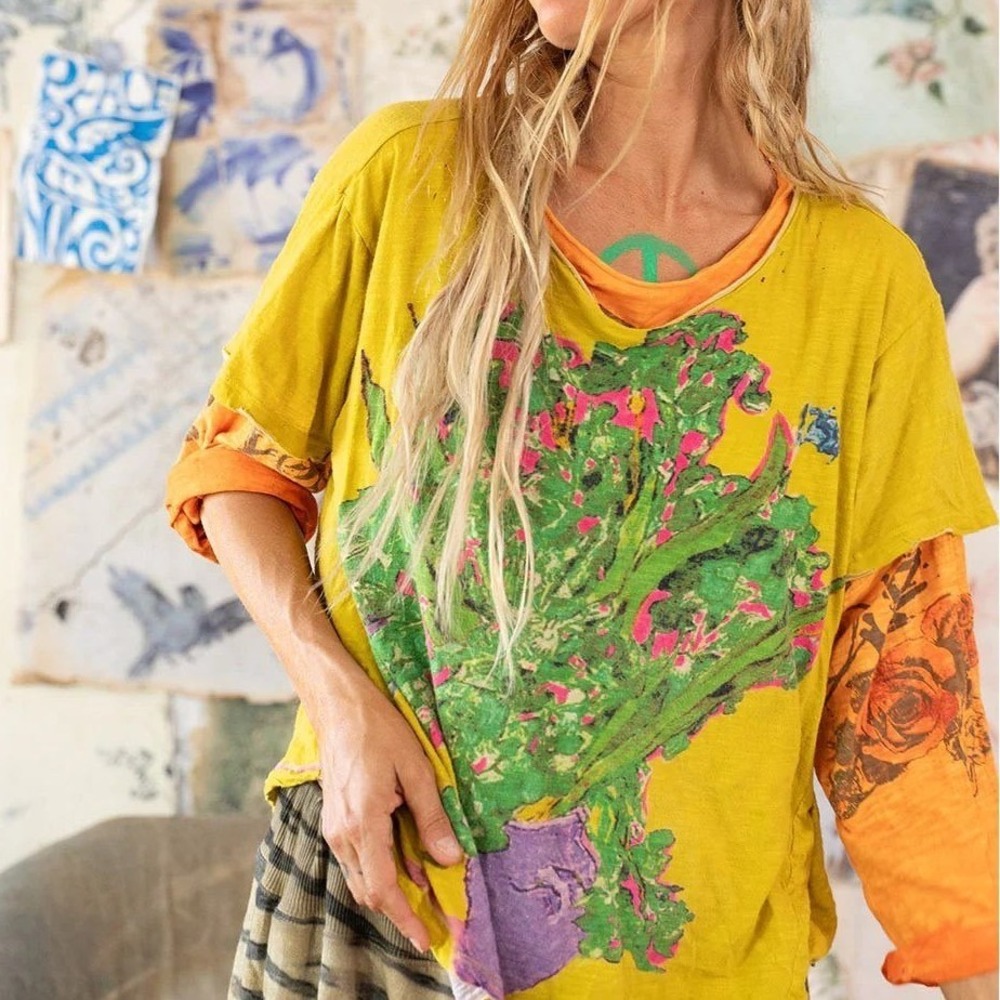 Magnolia Pearl Van Gogh Love Nature Short Sleeve Yellow Distressed Tee Shirt NWT - Picture 4 of 8